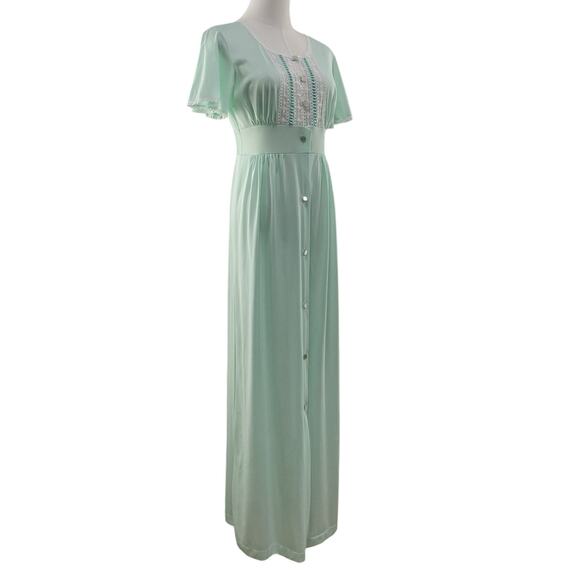 Vintage 70s Boho KOMAR Mint Green Nylon Lacy Bodice Maxi Dress Nightgown Size S - Picture 6 of 10